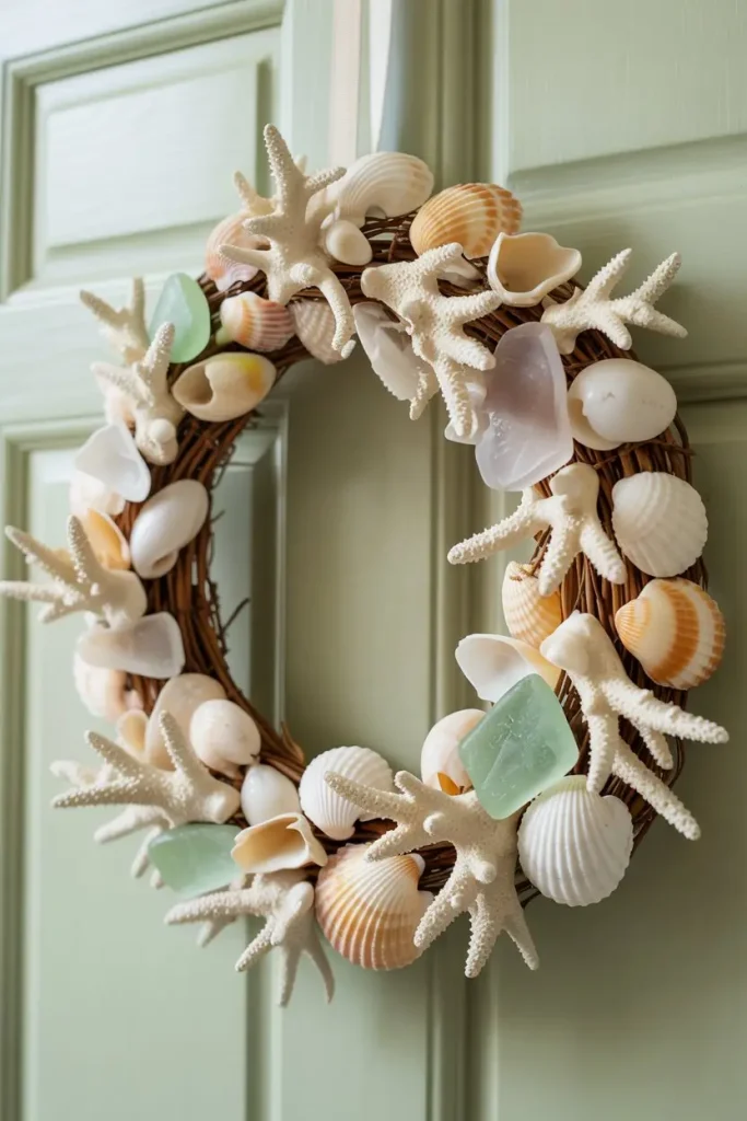 Seashell Wreath with Coral and Sea Glass Accents