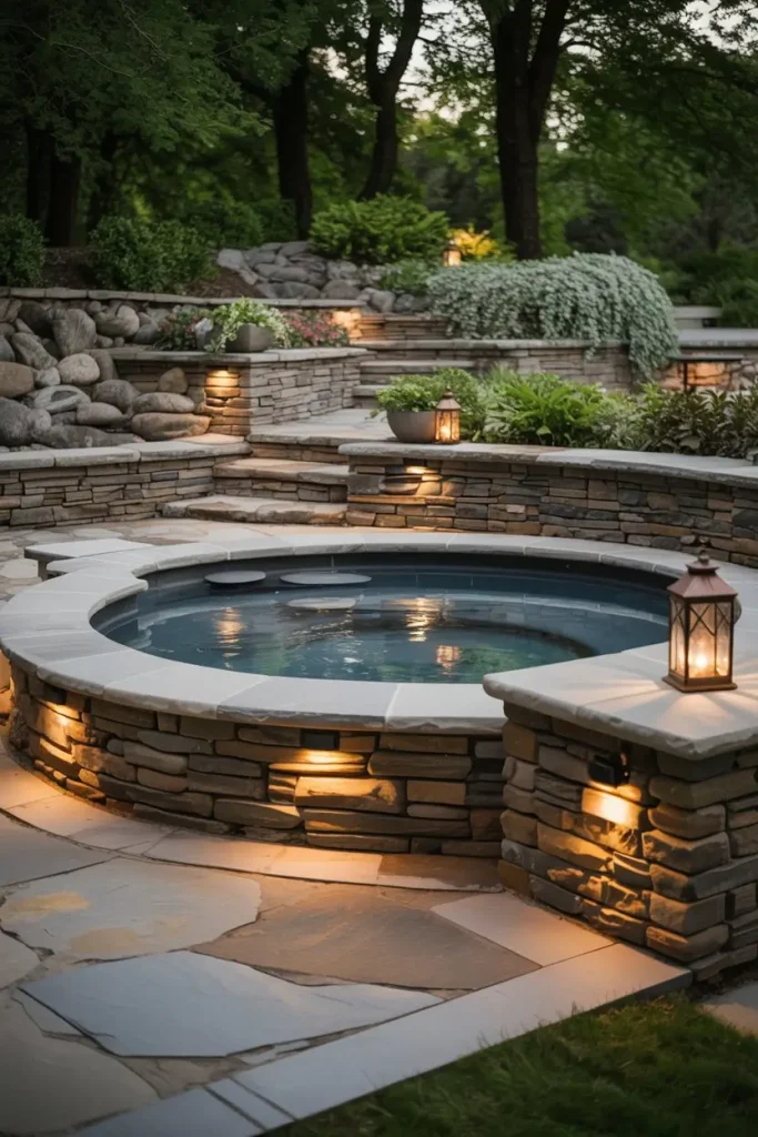 Stone-Enclosed Hot Tub Haven
