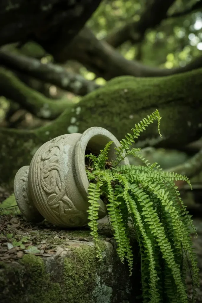 Stone Pot with Flowing Ferns