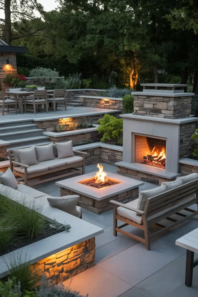 Tiered Patio with Built-In Fireplaces and Seating