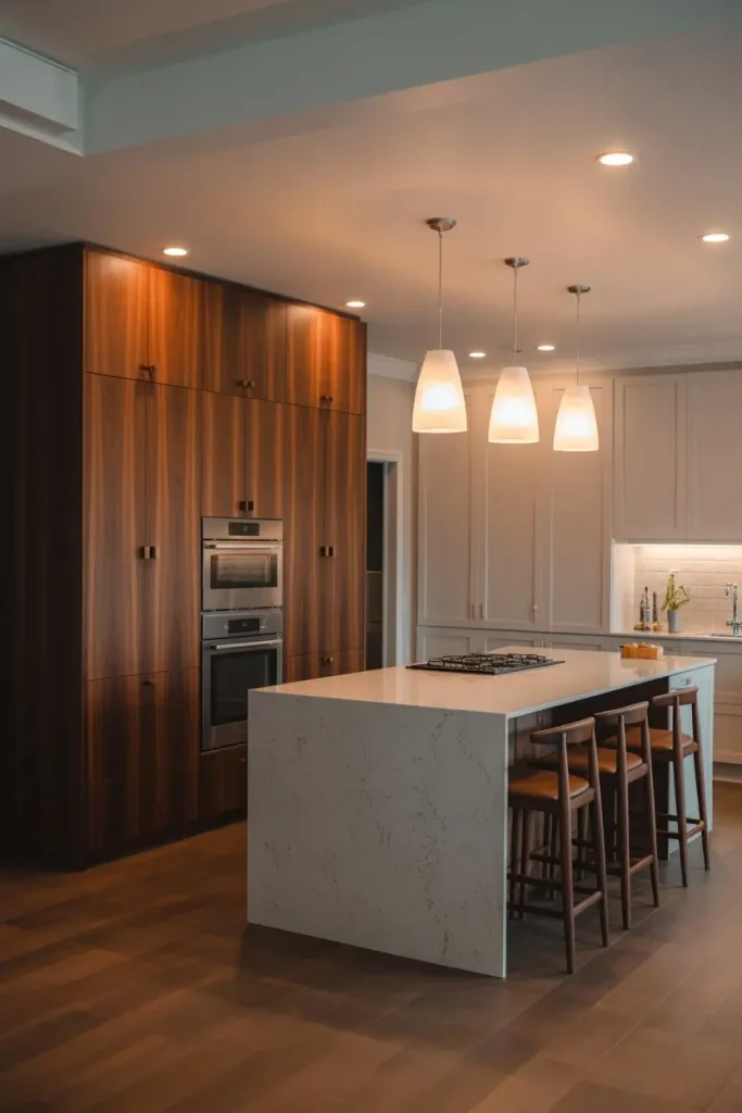 Transitional Double Oven Cabinets with Mixed Materials
