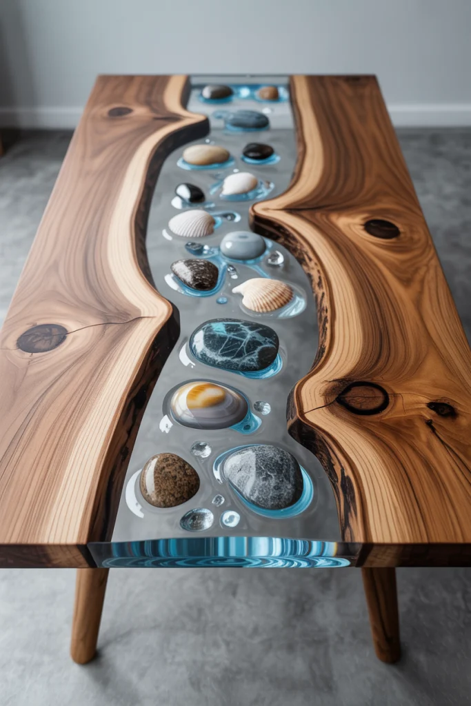 Transparent River Table with Stones or Shells Inside