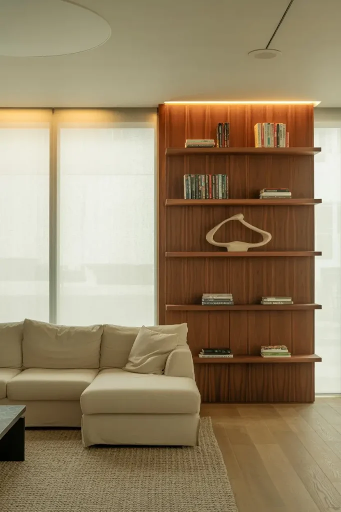 Wood Accent Walls with Built-In Shelving
