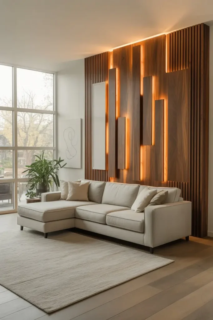 Wood Accent Walls with Integrated Lighting